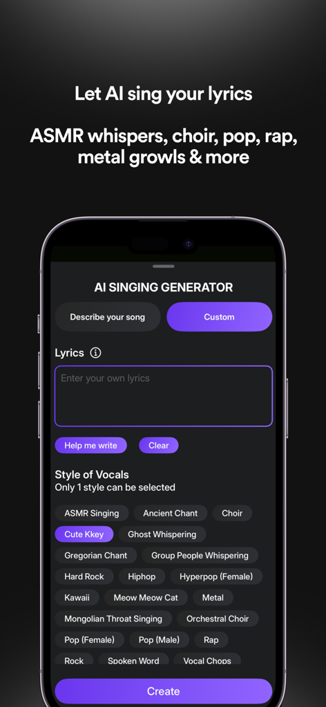 Soundverse - AI Song Generator - Interface of the Soundverse AI Singing Generator showing lyric input and vocal style options