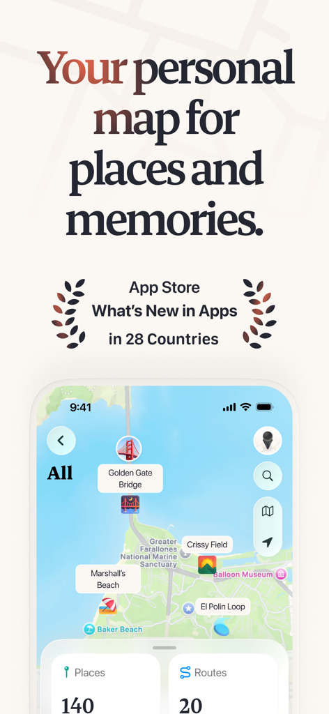 Placify - Map & Trip Planner - Placify promotional image featuring a personal map interface with saved locations like the Golden Gate Bridge