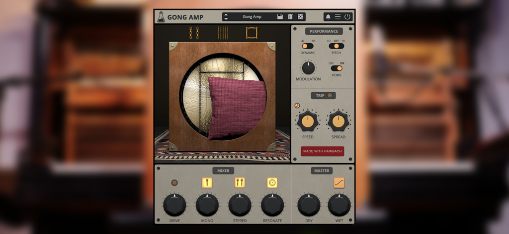 Interfaz de Gong Amp que muestra controles de audio y un gabinete resonador de gong vintage