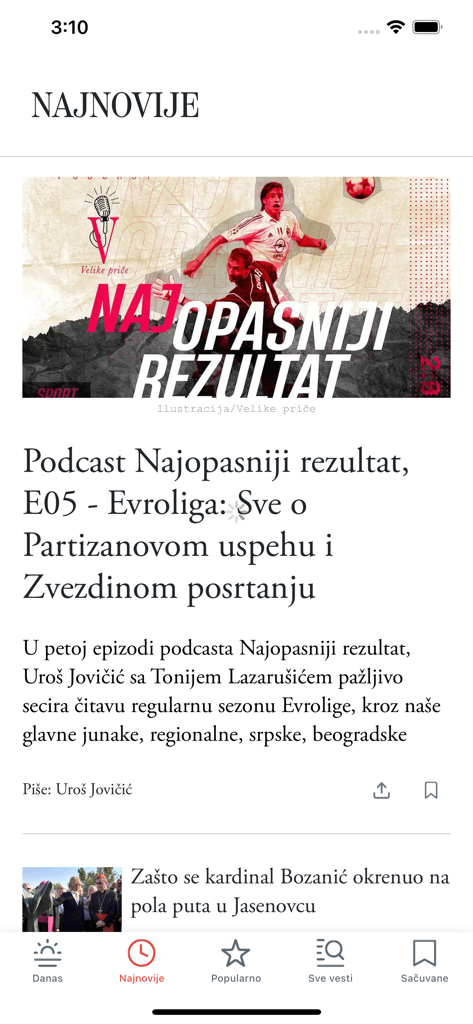 Pantalla de últimas noticias de la aplicación Velike price con un artículo de podcast sobre baloncesto y un menú de navegación inferior