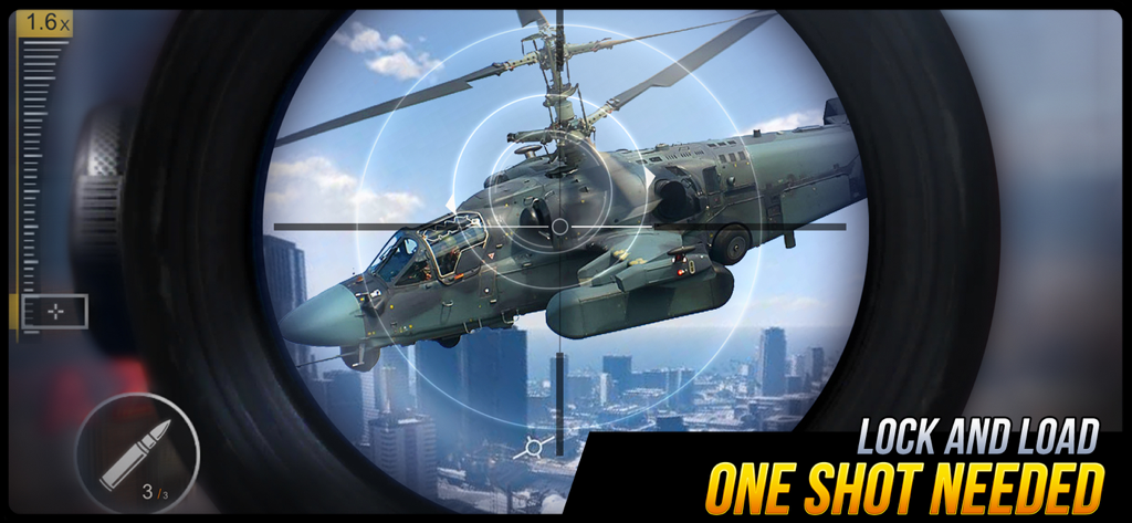 Sniper Honor: 3D Shooting Game - First person sniper scope view aiming at a military helicopter over a city skyline with text lock and load one shot needed