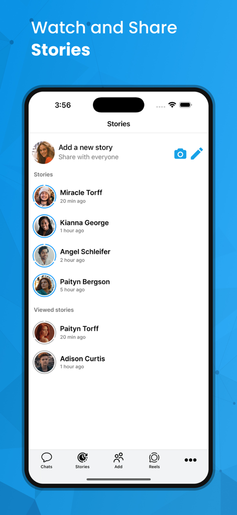 Pantalla de la aplicación KT Messenger que muestra una lista de historias de usuarios y actualizaciones vistas