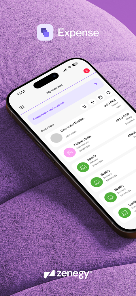 Zenegy Expense app interface on an iPhone displaying a list of business transactions and receipt reminders