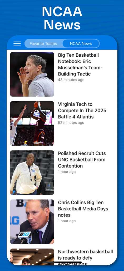 NCAA basketball news feed on the Superfan Sports mobile app