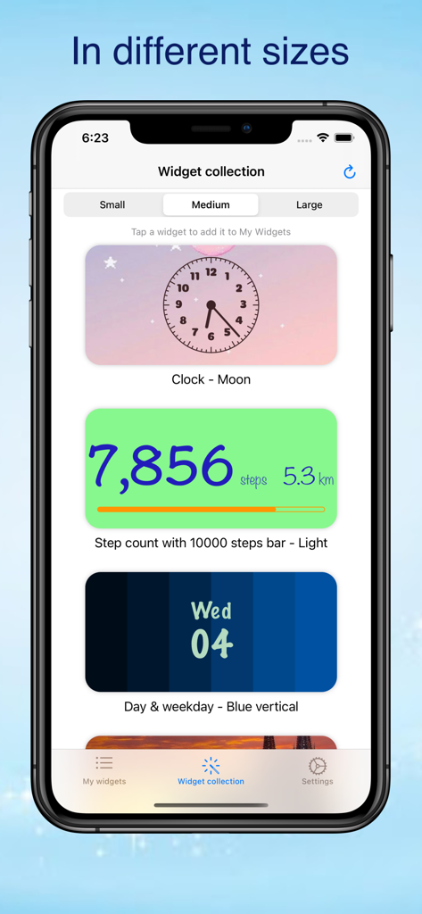 Widget Toolbox: 1000+ widgets - La aplicación Widget Toolbox muestra widgets personalizados de reloj y contador de pasos en varios tamaños.