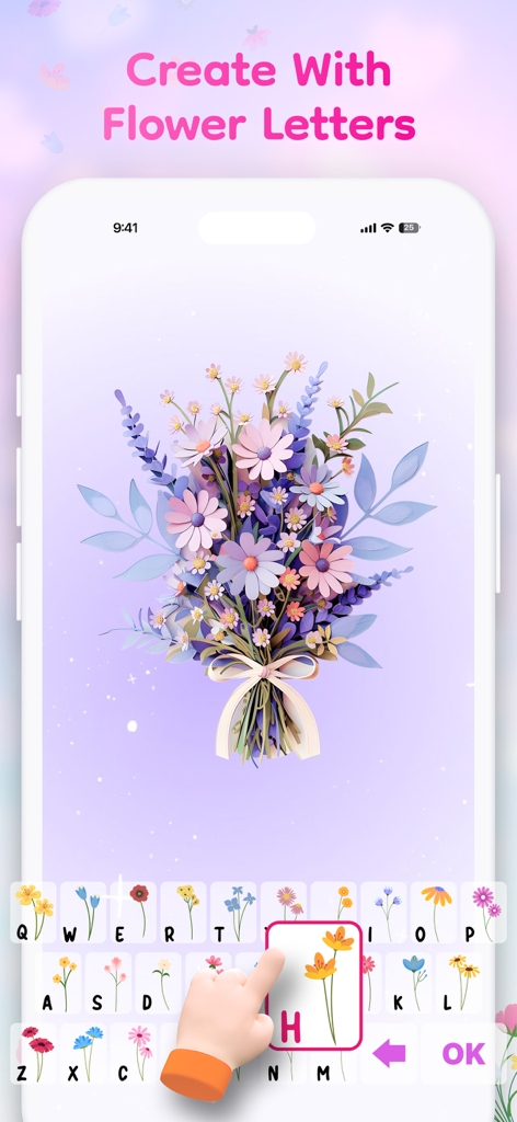 文字が特定の花で表され、名前ベースのブーケを作成する花のキーボードインターフェース。