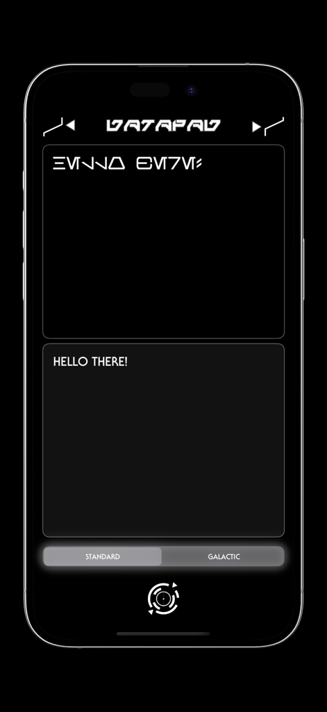 Interfaz de la aplicación Datapad mostrando la frase en inglés Hola a todos traducida a guion Aurebés