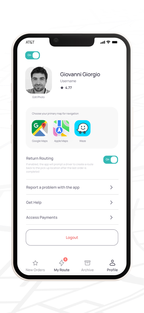 Profile screen of the Delivery.com Driver app showing driver rating and navigation preferences for Google Maps, Apple Maps, and Waze