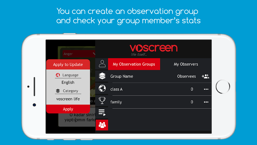 Voscreen - Learn English - Interface of the Voscreen English learning app showing the My Observation Groups feature on an iPhone.