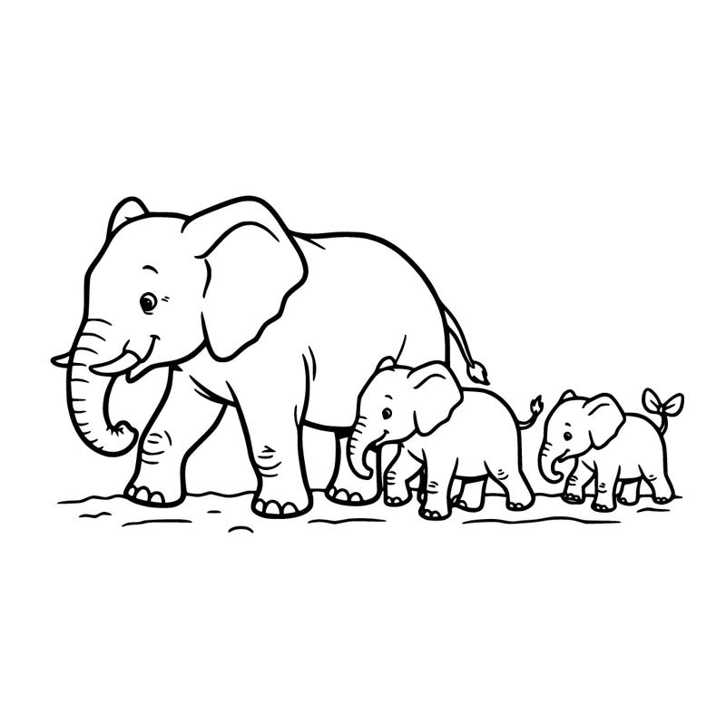 a mama elephant walking with 4 baby's behind it and the last on has a bow on it's tail