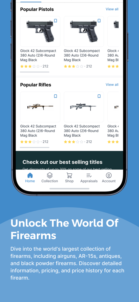 Mobile interface of the Blue Book of Gun Values app displaying popular pistols and rifles with valuation data.