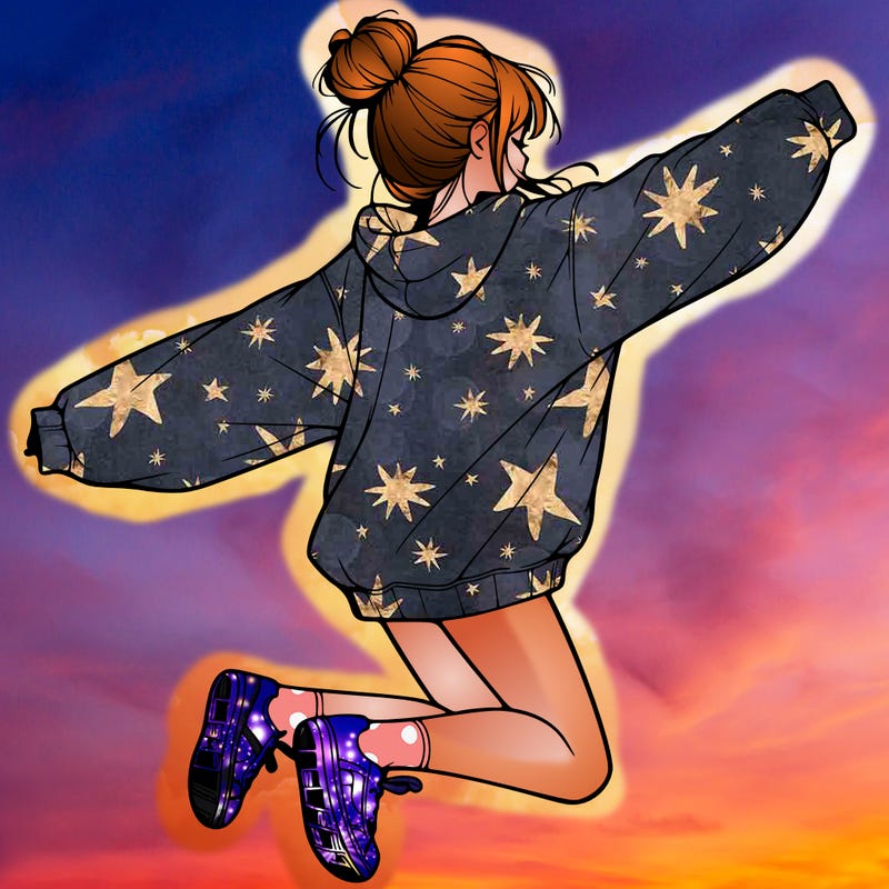 realistic girl jumping with a bun and oversized sweatshirt