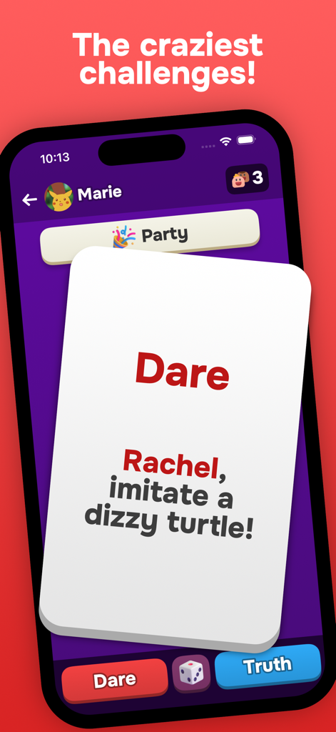 A dare card from the Truth Or Dare 2 app asking a player to imitate a dizzy turtle.