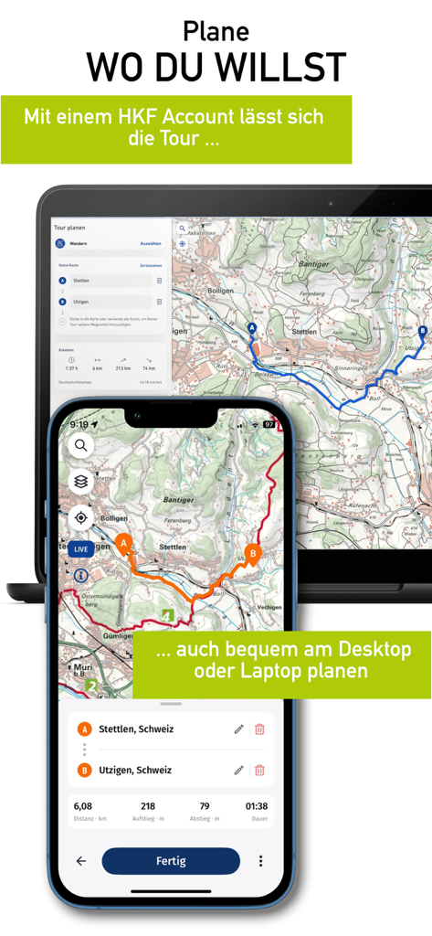 HKF Outdoor Routenplanung synchronisiert zwischen Laptop und Smartphone.