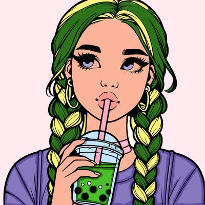 realistic girl with braided hair drinking boba