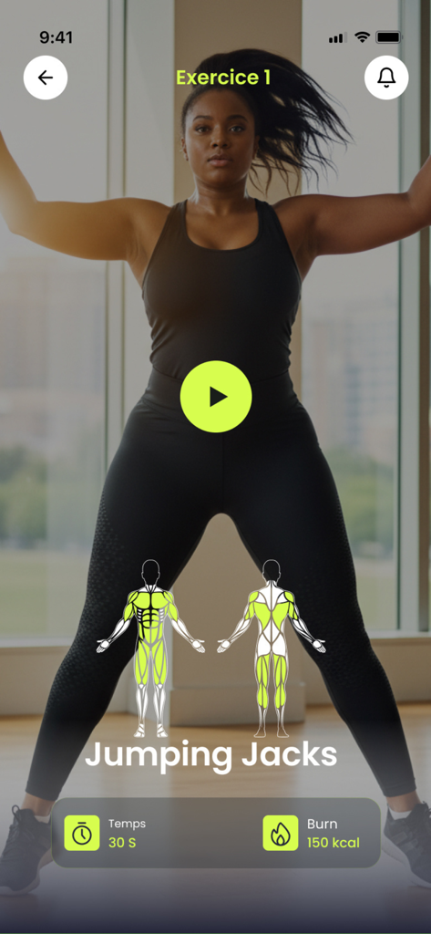 SamaCoach - Écran de fitness de l'application SamaCoach affichant une femme effectuant des jumping jacks avec les groupes musculaires ciblés et les statistiques de calories brûlées.