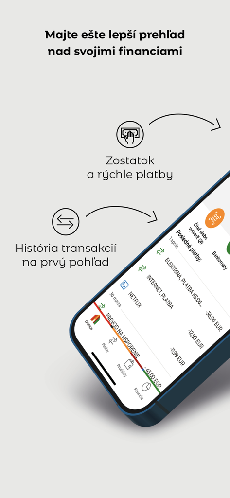 Schermata dello smartphone che mostra la cronologia delle transazioni dell'app mBank SK e le funzionalità di pagamento rapido