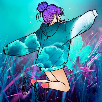 realistic girl jumping with a bun and oversized sweatshirt