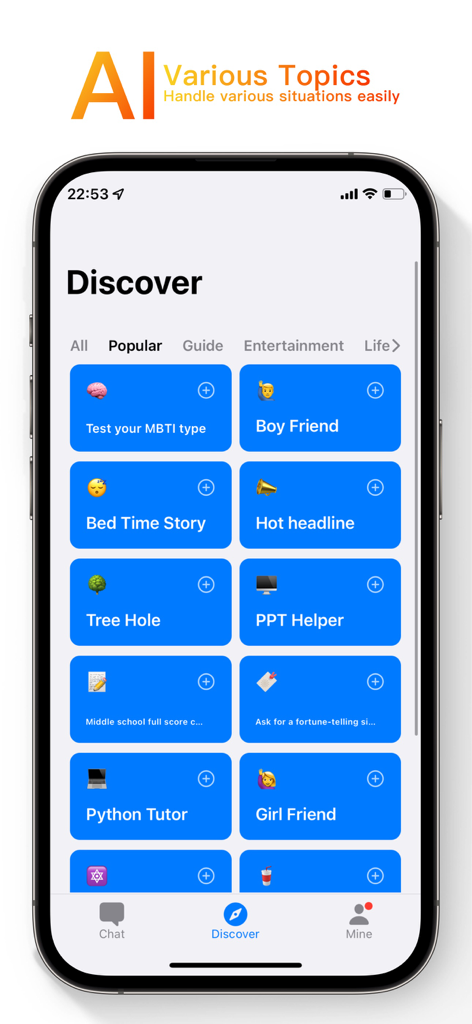 OneAI - AI Chat & AI Write - The Discover screen of the OneAI app displaying various AI prompt templates and categories.