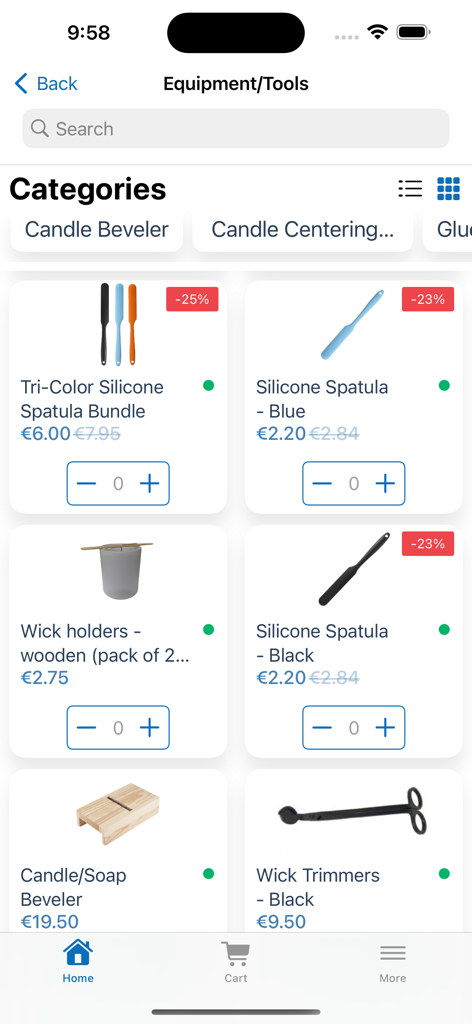 Candle Supplies Cyprus - Product catalog of candle making tools and equipment in a mobile shopping app.