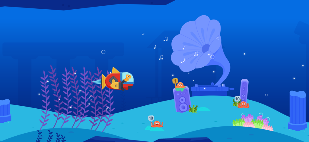 Dinosaur Math 2:Games for kids - Un dinosaurio pilota un submarino en un nivel submarino para rescatar monstruos que sostienen números.