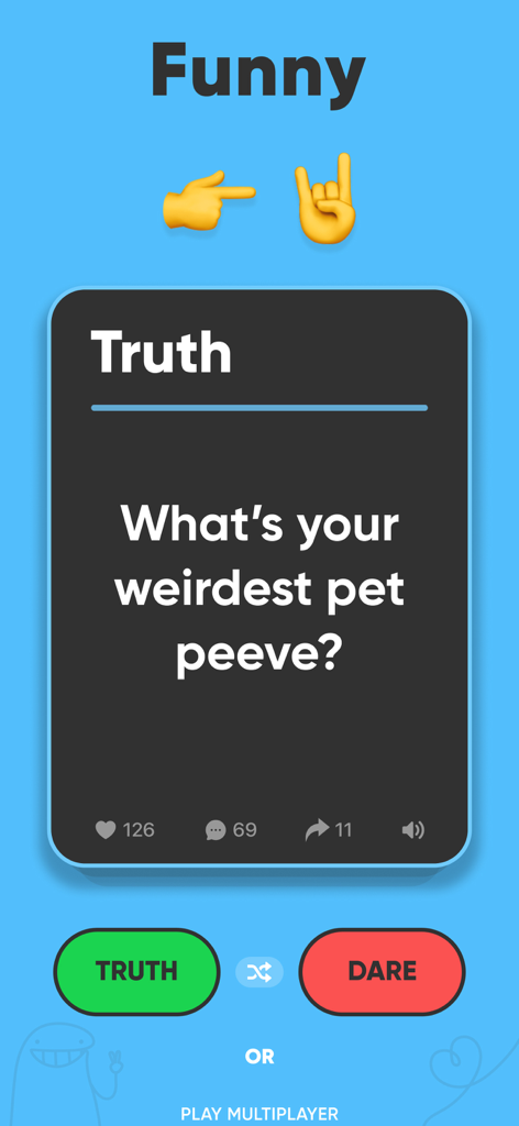 Truth or Dare Teen Party Games - Mobile app screen showing a truth card asking what is your weirdest pet peeve