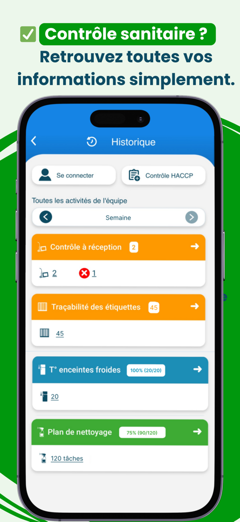 Octopus HACCP - Écran de smartphone affichant l'historique de l'application Octopus HACCP avec des résumés des contrôles de réception, de la traçabilité des étiquettes et des relevés de température