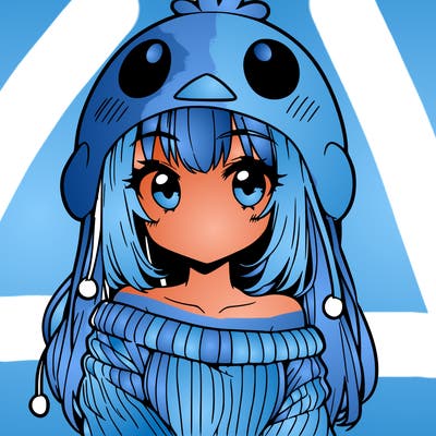 anime girl with chick shaped hat with sweater with bare shoulders with bangs covering them one eye with low tail