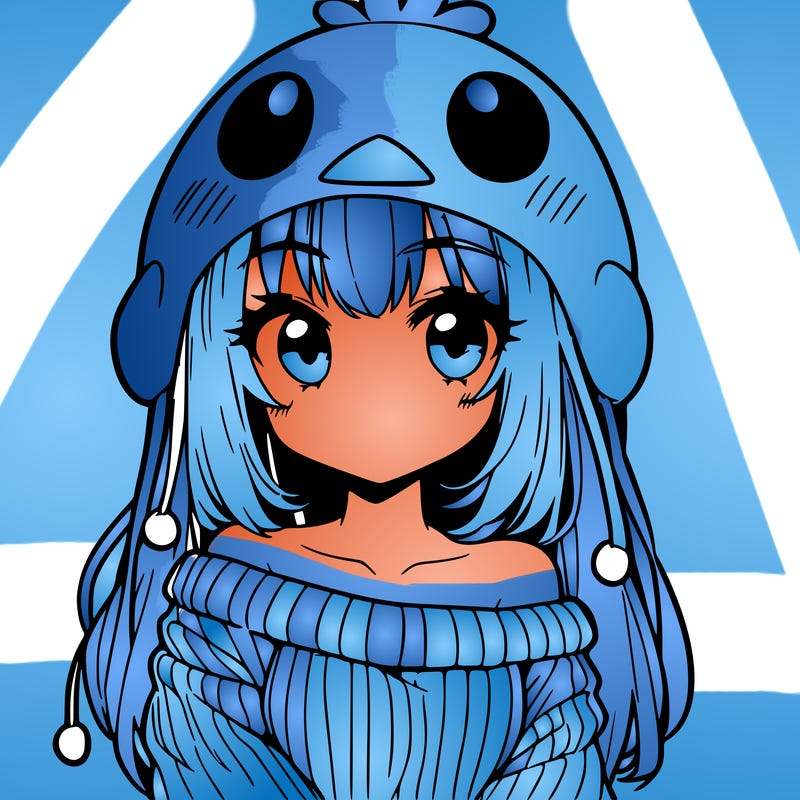anime girl with chick shaped hat with sweater with bare shoulders with bangs covering them one eye with low tail