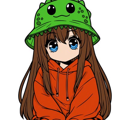 girl with anime shaped eyes with a dinosaur bucket hat oversized sweatshirt long straight hair
