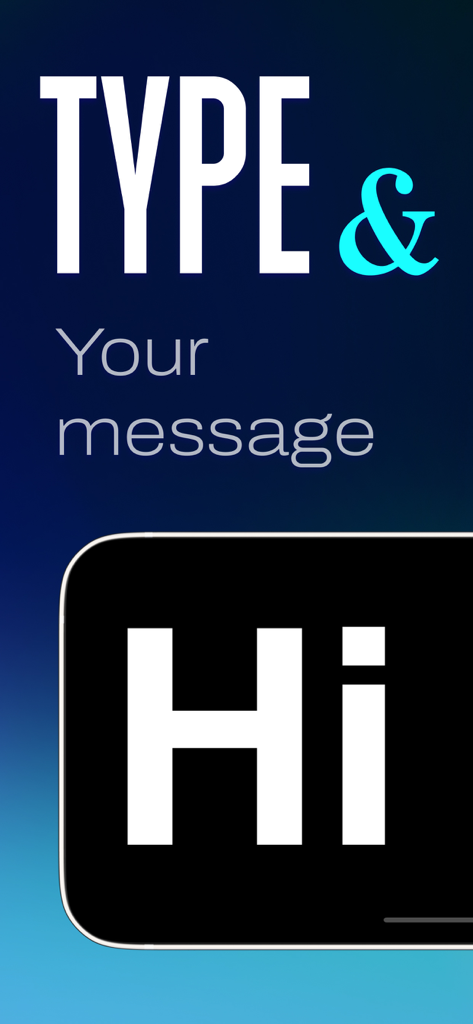 Smartphone interface of MEGATEXT app showing the word Hi in large white text on a black background