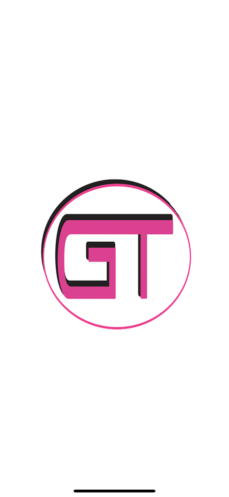 Das Logo der GT World of Beauty App mit stilisierten rosa und schwarzen Buchstaben G und T in einem rosa Kreis auf weißem Hintergrund.