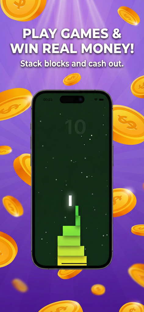A mobile phone showing a block stacking game for earning rewards with text saying play games and win real money