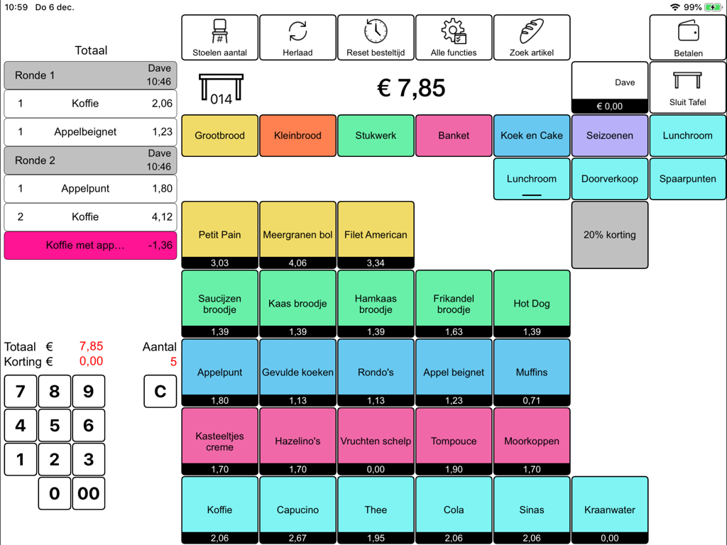 Interface de ponto de venda de padaria mostrando categorias de produtos e detalhes do pedido em um iPad