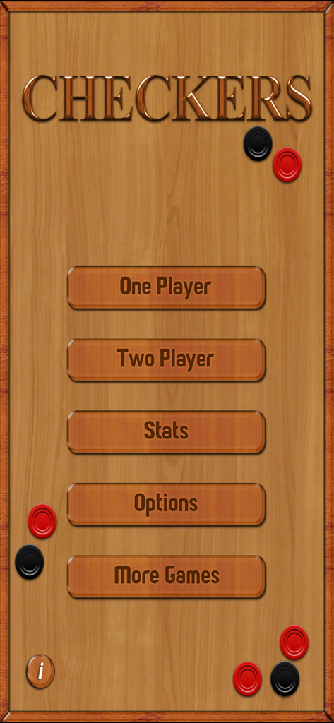 Main menu of the Checkers app featuring game mode buttons on a classic wood background