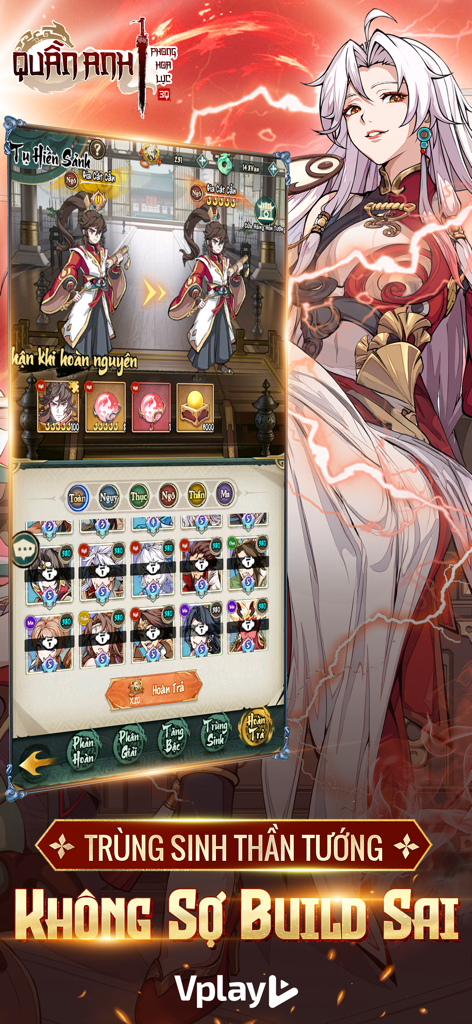 Quần Anh Phong Hoa Lục - Vplay - Mobile game screen showing hero rebirth and upgrade options in Quan Anh Phong Hoa Luc