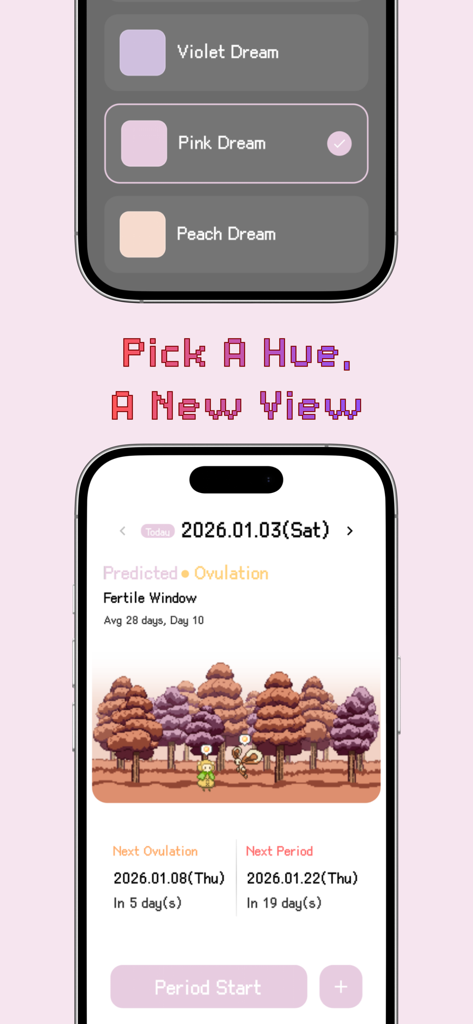 Interface of the P Forest period tracking app showing theme selection and a pixel art forest