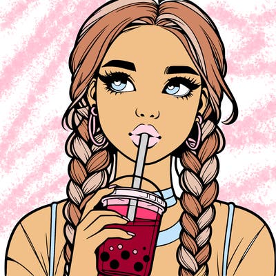 realistic girl with braided hair drinking boba