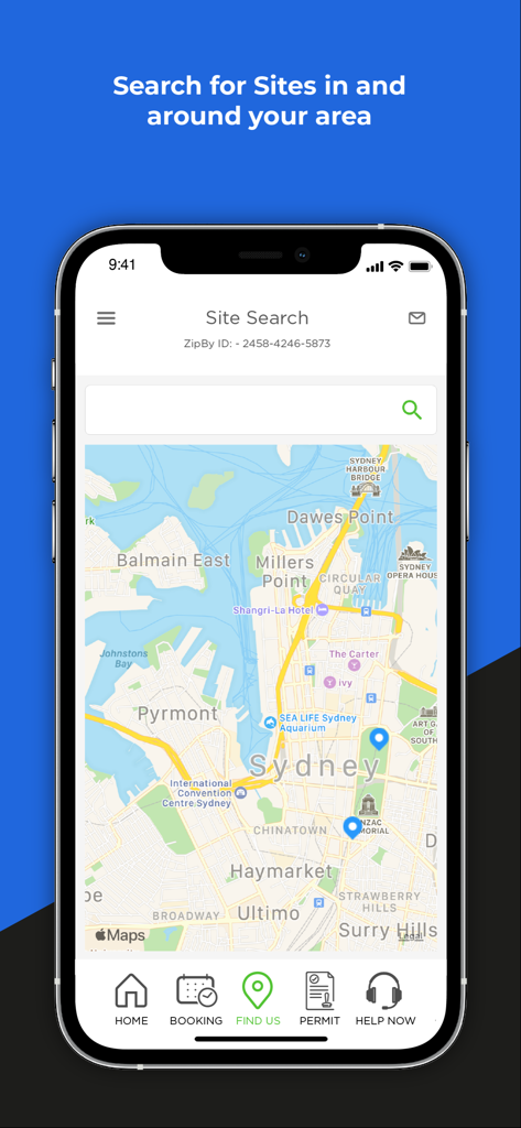 ZipBy - ZipBy app interface showing a site search map for finding parking locations