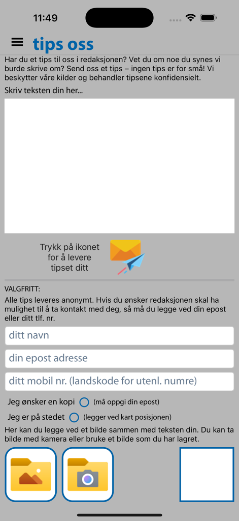 HBlad news app tip submission screen with text fields and image upload options