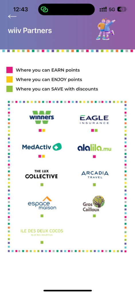 A list of partner brands in the wiiv app showing where users can earn points, enjoy rewards, and get discounts.