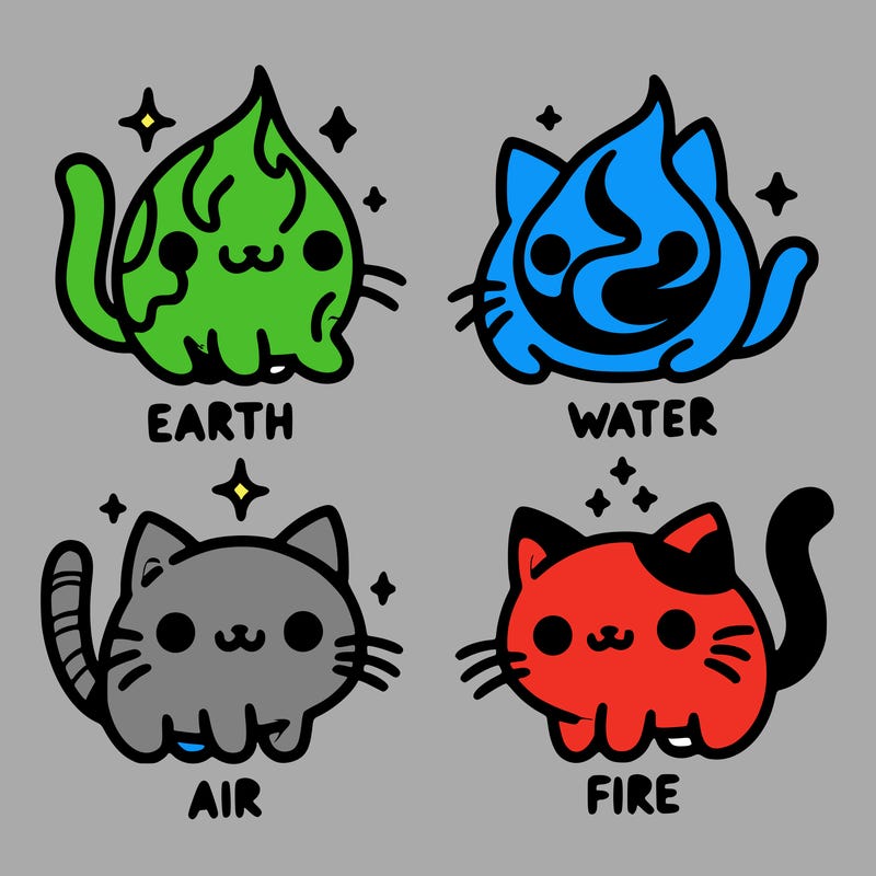 4 cats that represent the different elements, earth, water, air, and fire