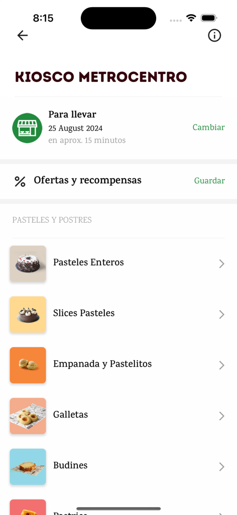 Speisekarte der Casa del Cafe App zur Bestellung von Kuchen und Gebäck zum Mitnehmen