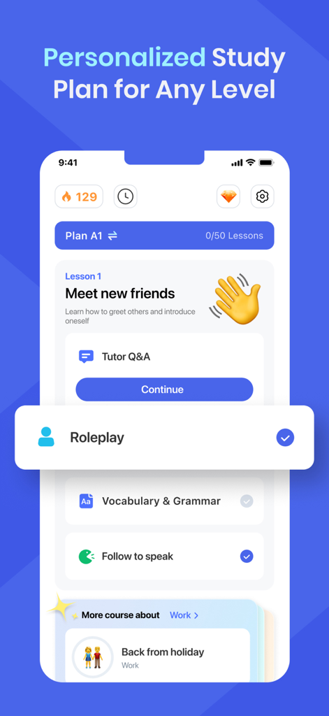 Hablo: Speak & Learn English - Hablo app screen showing a personalized English study plan for beginners