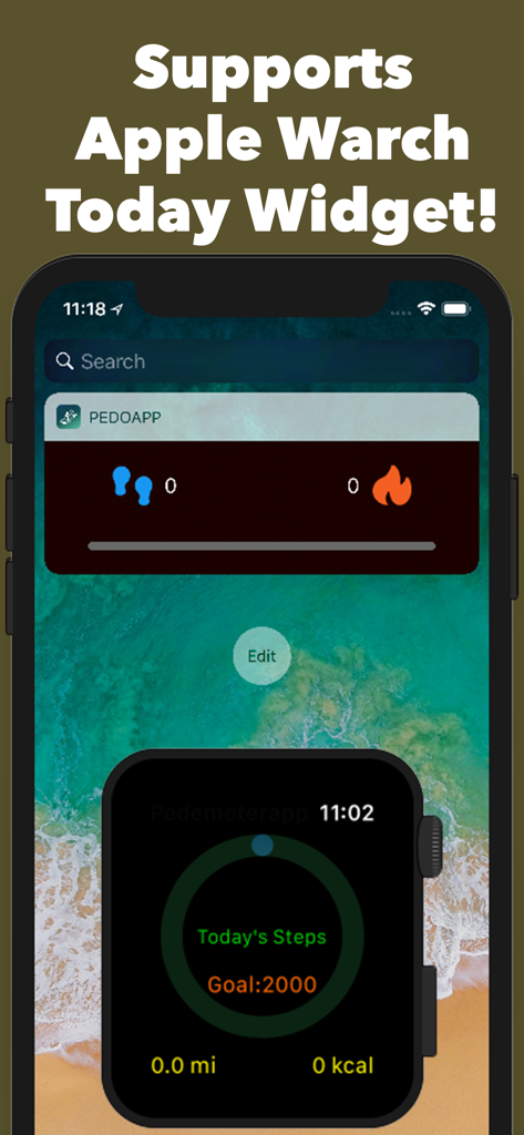 Interfaz de la aplicación Podómetro que muestra el seguimiento de pasos en un widget de iPhone y la pantalla del Apple Watch.