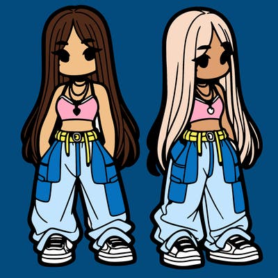 girl in baggy pants crop top and long hair