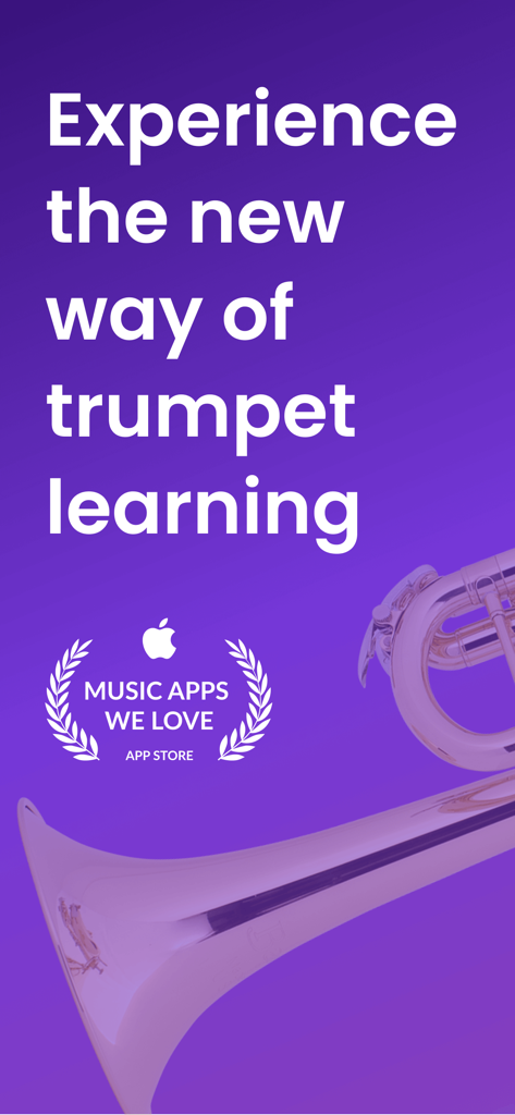 Promotional screen for the tonestro trumpet learning app featuring an Apple App Store Music Apps We Love badge