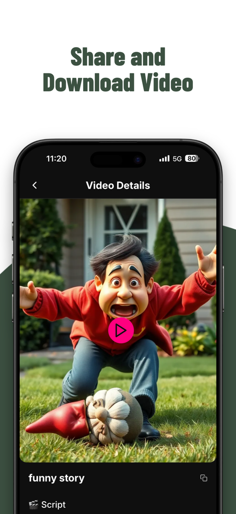 AI Video Maker : AutoAIShorts - Interface of AutoAI Shorts app showing a video details screen with a cartoon character and options to share or download the generated AI video