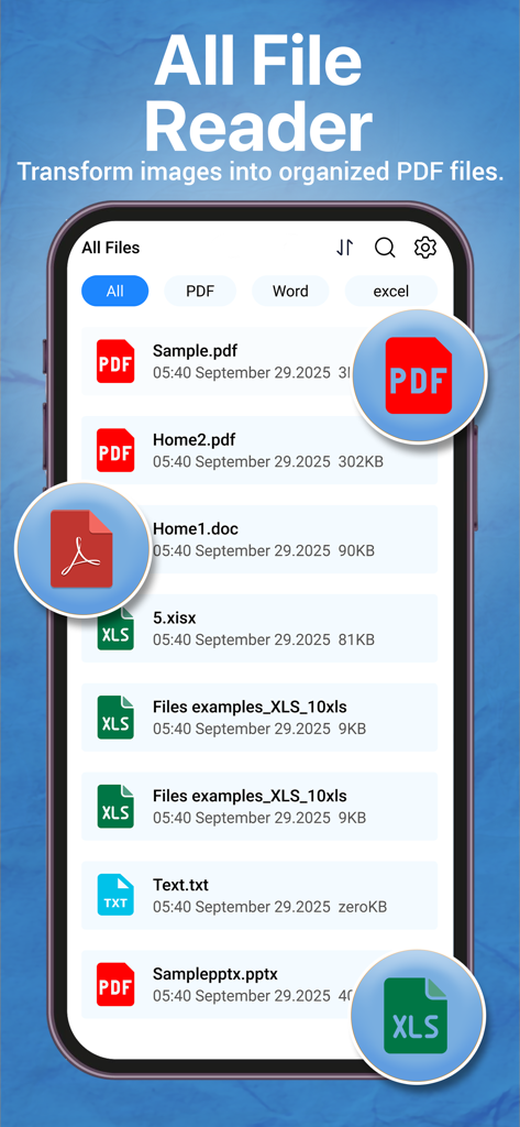 All Doc Reader & PDF Converter - Interfaz de la aplicación Todo Lector de Documentos mostrando una lista de archivos PDF, Word y Excel en la pantalla de un smartphone.