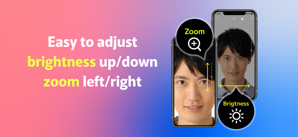 Mirror&BeforeAfter-BA mirror - Interface of the mirror app demonstrating how to adjust zoom and brightness with swipe gestures while viewing a reflection